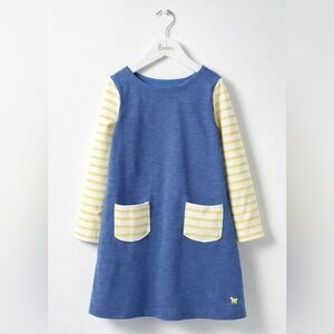 Mini Boden Blue Long Sleeve Pocket Dress with Yellow Stripes Size 7-8Y